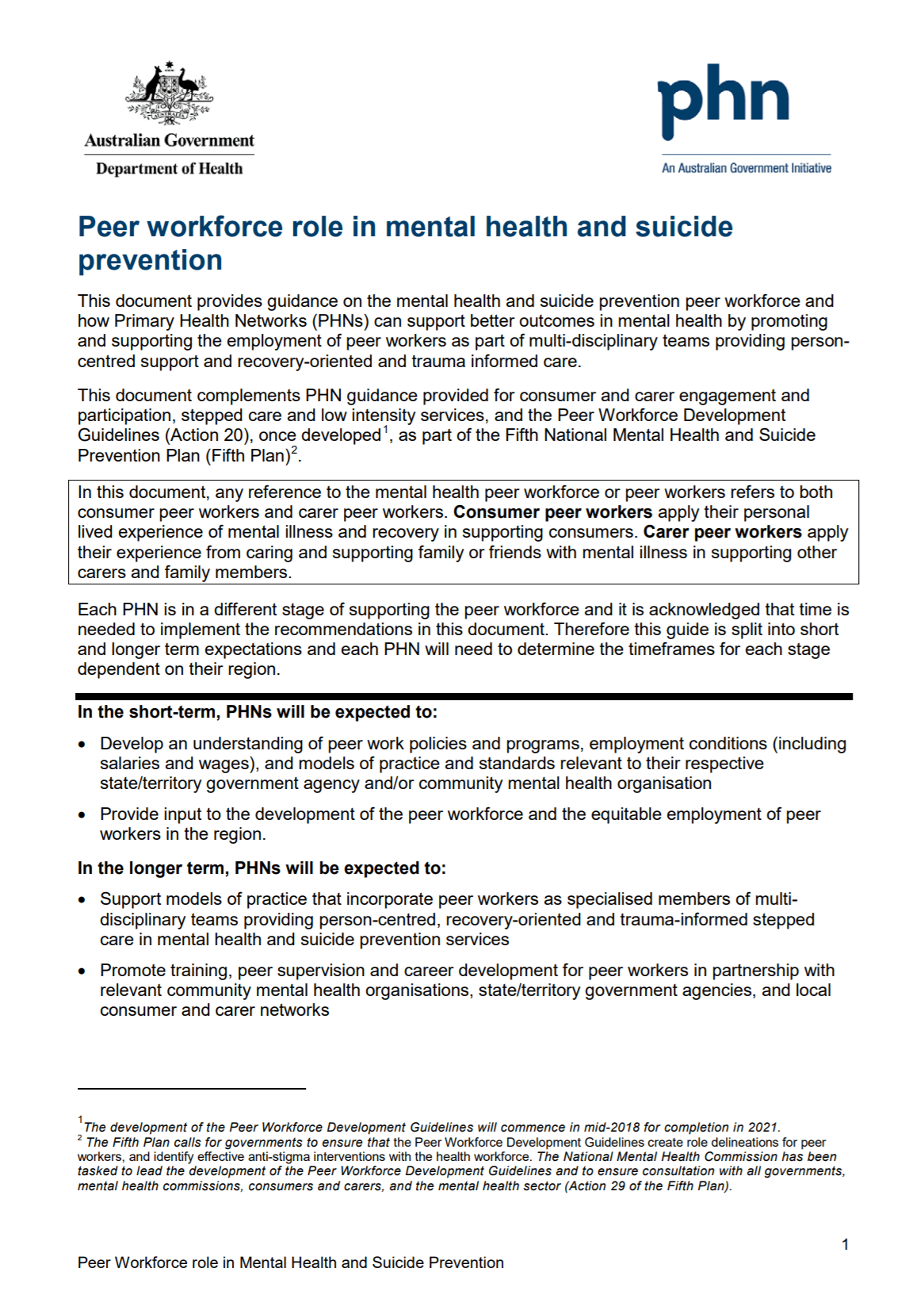 Peer workforce role in mental health and suicide prevention – 2016 ...